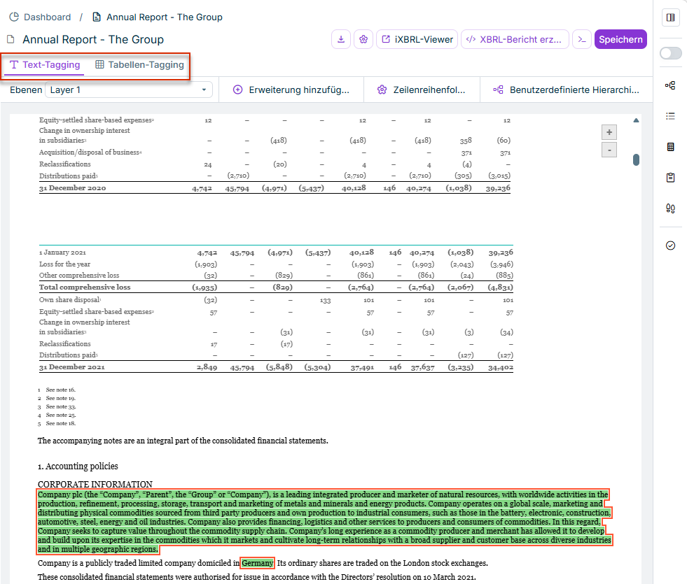 Reiter 'Text-Tagging' und 'Tabellen-Tagging' im XBRL Tagger
