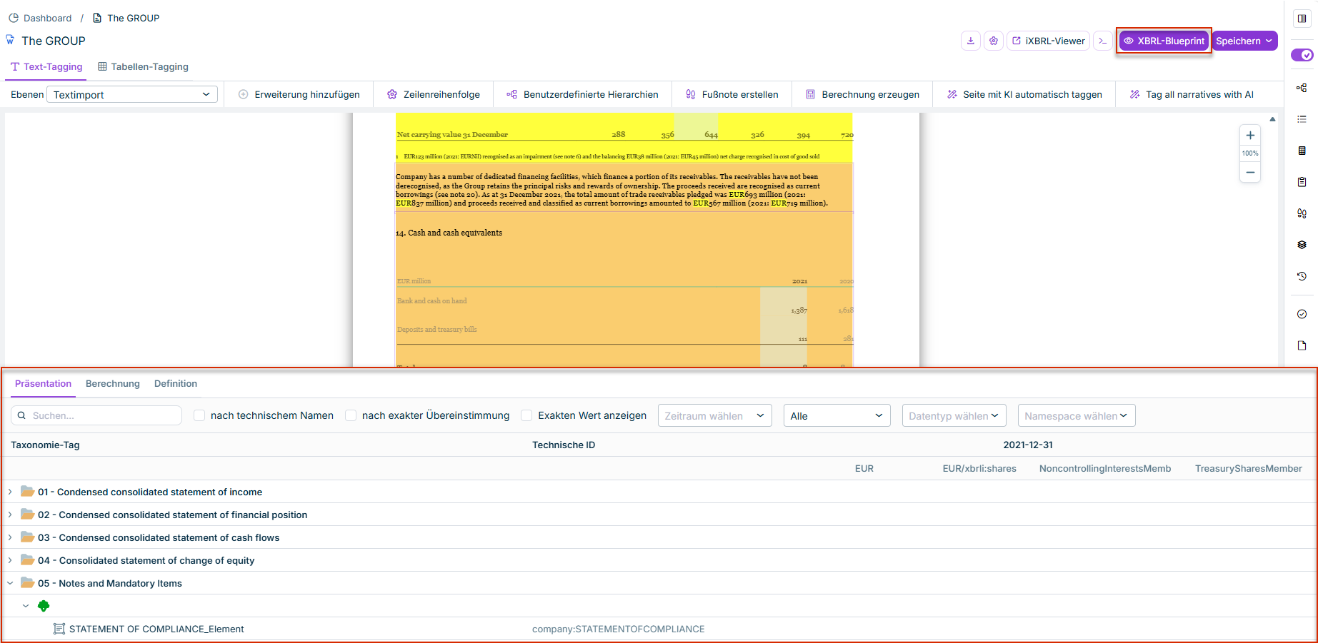 XBRL-Blueprint im XBRL Tagger mit hervorgehobener Schaltfläche und dem geöffneten Linkbase-Baum