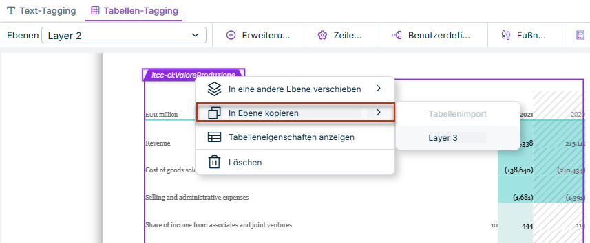 Kontextmenü einer getaggten Tabelle mit der markierten Option 'In Ebene kopieren' und dem Untermenü der Ziel-Ebenen