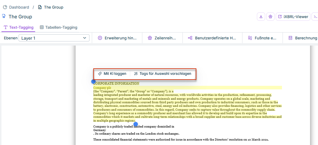 Kontextmenü mit den KI-Optionen 'Mit KI taggen' und 'Tags für Auswahl vorschlagen'.