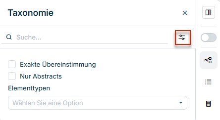 Ausschnitt aus dem Arbeitsbereich 'XBRL-Dokument'. Im Screenshot werden die Suchoptionen für das Durchsuchen der Taxonomie angezeigt.