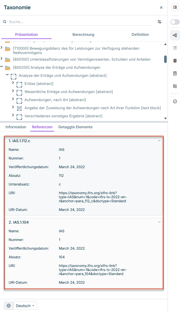 Zeigt einen Ausschnitt aus dem Arbeitsbereich 'XBRL-Dokument'. Die Dropdown-Liste 'Markierte Elemente' ist geöffnet. Ein Tag aus der Taxonomie ist rot umrandet. Ein Pfeil zeigt vom Taxonomieelement zu den Referenzen, die im Bereich 'Eigenschaften' in der Dropdown-Liste 'Referenzen' angezeigt werden.