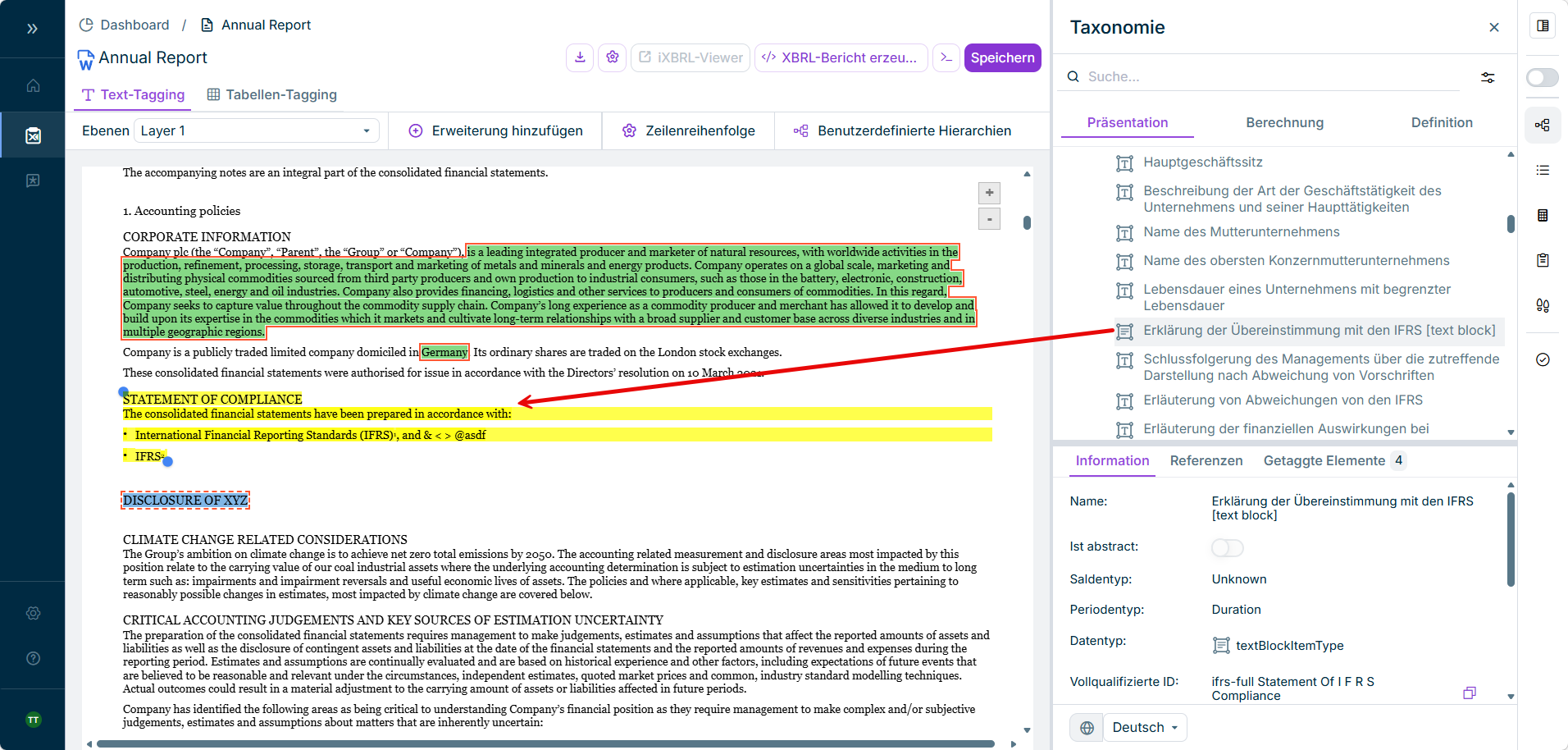 Ausschnitt aus dem Arbeitsbereich 'XBRL-Dokument'. Ein roter Pfeil von einem Taxonomieelement auf einen Textblock im Word-Dokument visualisiert das Drag-and-Drop von Tags.