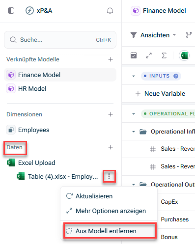 Zeigt das Dreipunktmenü einer Datenquelle in der Spreadsheet-Ansicht. Hervorgehoben sind das Dreipunktsymbol und die Option „Aus Modell entfernen“