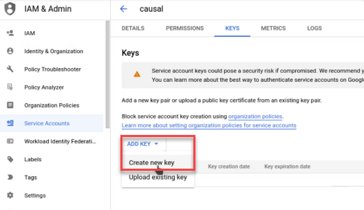 Zeigt die Details des Dienstkontos an. Hervorgehoben sind das Dropdown-Menü 'Schlüssel hinzufügen' und die Option 'Neuen Schlüssel erstellen'.