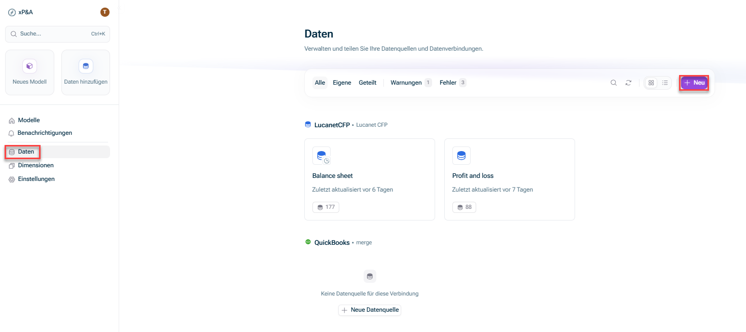 Zeigt die Startseite von Lucanet xP&A. Hervorgehoben sind die Schaltflächen, die verwendet werden müssen, um von der Startseite aus eine neue Datenquellenverbindung zu erstellen.