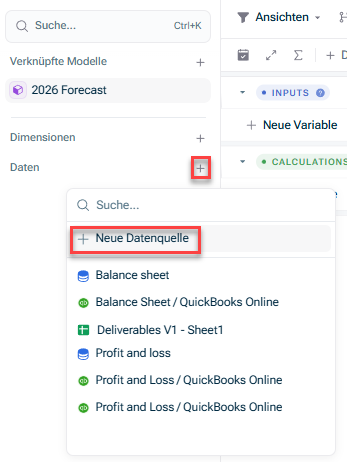 Zeigt die Ansicht eines Modells. Hervorgehoben sind die Schaltflächen, die verwendet werden müssen, um eine neue Datenquellenverbindung aus der Modellansicht zu erstellen.