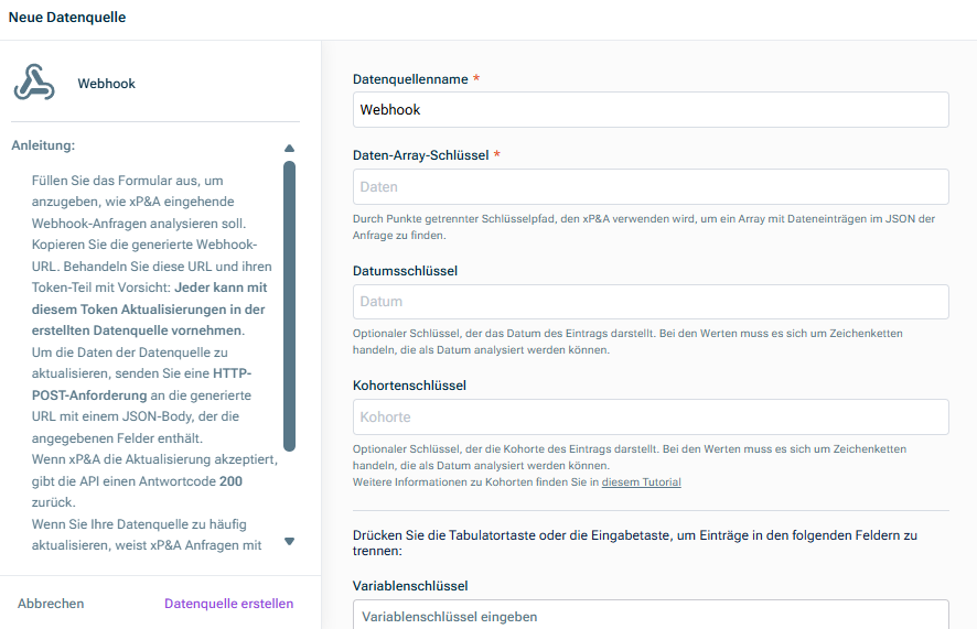 Zeiget den Dialog 'Neue Datenquelle' für eine Webhook-Verbindung