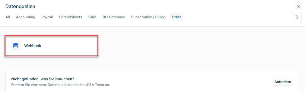Zeigt den Dialog „Datenquellen“ an. Hervorgehoben ist die Option „Webhook“ auf dem Reiter „Other“.