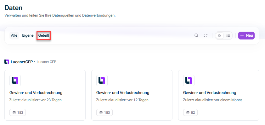 Zeigt den Arbeitsbereich „Daten“ an. Hervorgehoben ist der Reiter „Geteilt“, auf der alle mit Ihnen geteilten Datenquellen angezeigt werden.