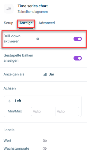 Zeigt die Option „Drilldown aktivieren“ auf der Registerkarte „Anzeige“, die beim Bearbeiten der Einstellungen eines Diagramms oder einer Tabelle angezeigt wird