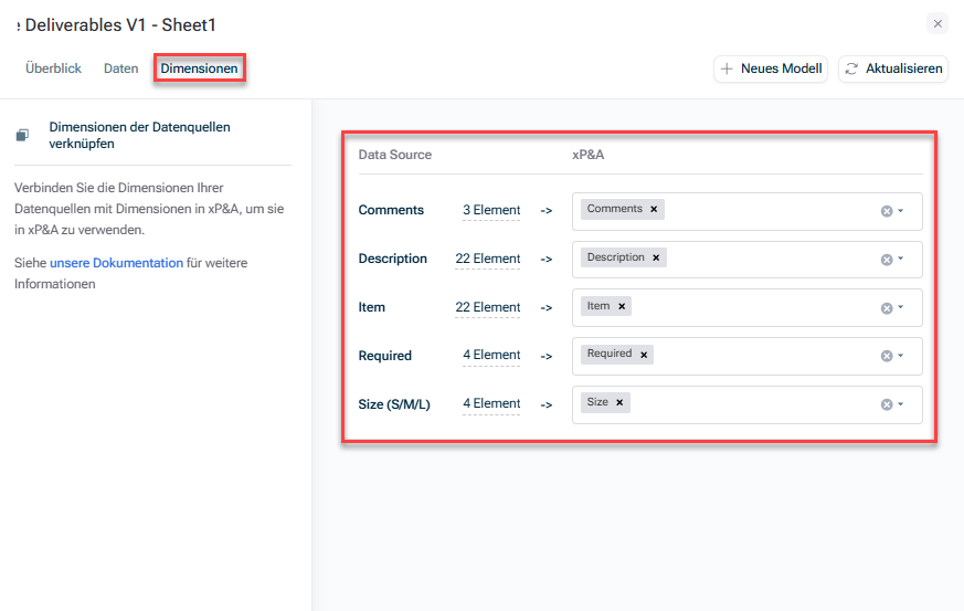 Shows the configuration field to link dimensions of a data source to dimensions in xP&A when opening the 'Dimensions ' tab of a data source.