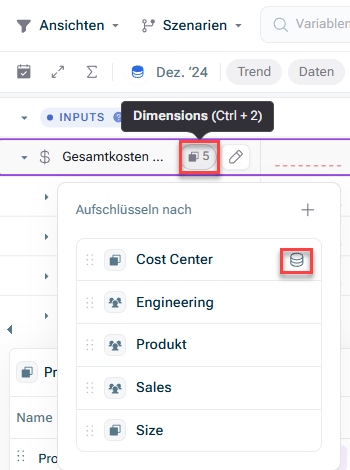 Zeigt das Konfigurationsfeld an, um die Dimensionen einer Variablen mit einer Datenquelle zu verknüpfen, wenn Sie auf die Schaltfläche „Dimensionen“ einer Variablen klicken.