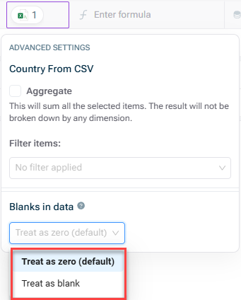 Zeigt das Menü mit den erweiterten Einstellungen eines integrierten Datenelements. Hervorgehoben ist die Dropdown-Liste für leere Werte in Daten mit den Optionen „Als Null behandeln (Standard)“ und „Als leer behandeln“.