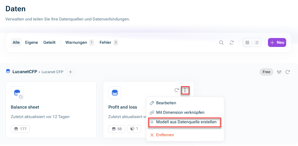 Zeigt die Option „Modell aus Datenquelle erstellen“ aus dem Drei-Punkte-Menü einer Datenquelle