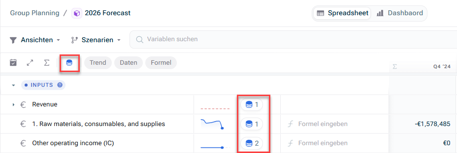 Zeigt das Symbol in der Spalte „Daten“ an, das signalisiert, dass Daten aus einer Datenquelle verknüpft sind.