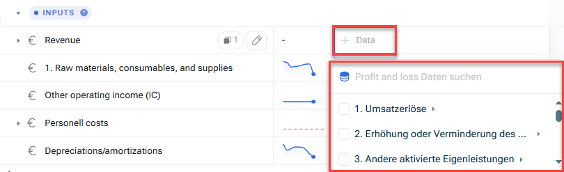 Zeigt die Dropdown-Liste zur Wahl der zu verknüpfenden Datenquelle und des Datenelements, die beim Klick in die Spalte „Daten“ einer Variablen angezeigt wird.