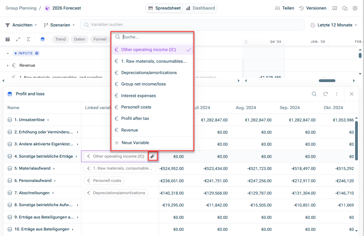 Zeigt das Dropdown-Menü zur Auswahl der zu verbindenden Variablen an, wenn Sie in der Datenvorschau in die Spalte „Verknüpfte Variablen“ klicken.