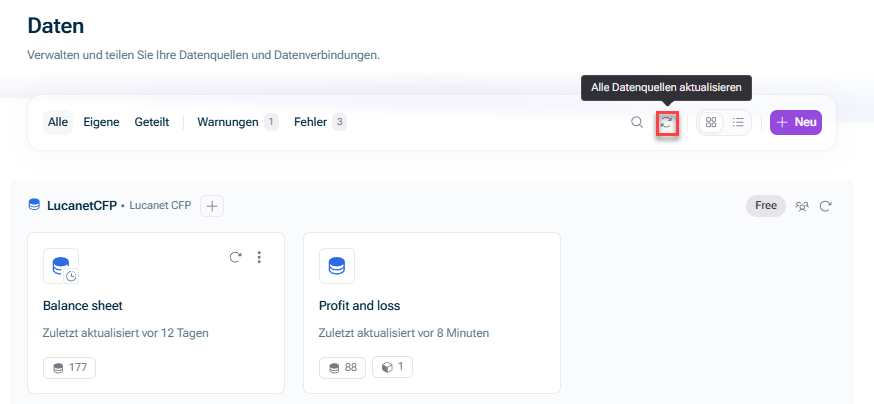Zeigt die Schaltfläche im Arbeitsbereich 'Daten', mit der alle Datenquellen aktualisiert werden können.