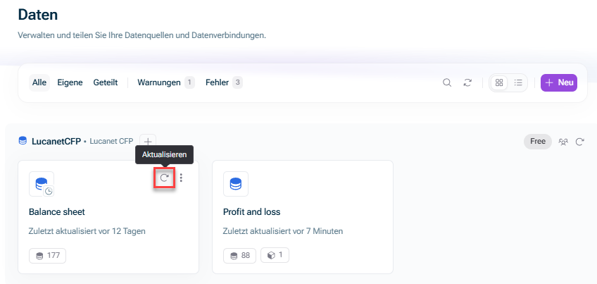 Zeigt die Schaltfläche im Arbeitsbereich 'Daten' an, mit der eine Datenquelle aktualisiert werden kann.