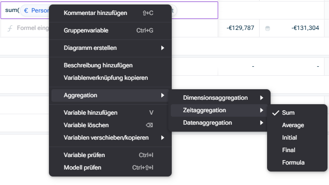 Zeigt das Menü „Aggregation“ einer Variablen mit den Optionen Zeit-, Dimension- und Datenaggregation