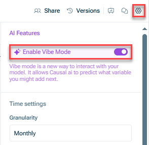 Shows the upper part of the model settings. Highligted is the option 'Enable Vibe Mode'