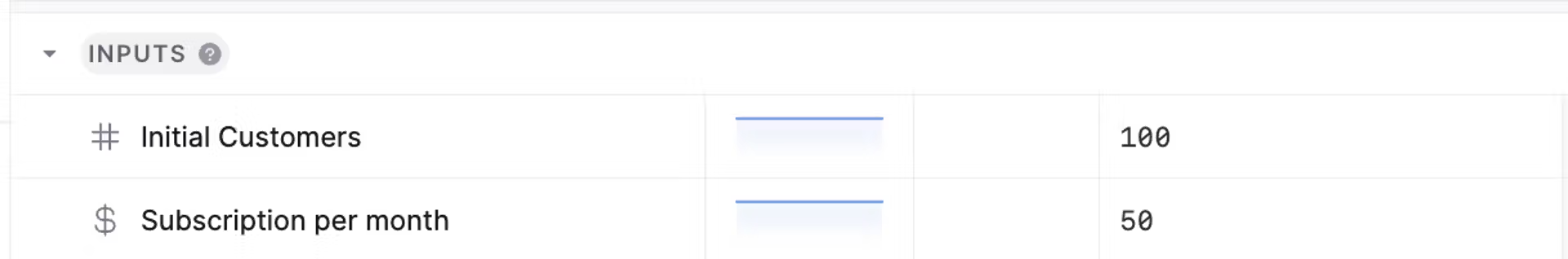 Input section in the spreadsheet view