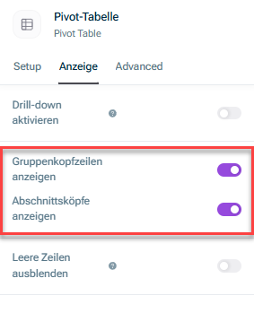 Zeigt den Reiter „Anzeige“ der Details einer Tabelle. Hervorgehoben ist der Abschnitt mit den Optionen „Gruppenkopfzeilen anzeigen“ und „Abschnittskopfzeilen anzeigen“.