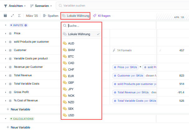 Zeigt ein Modell in xP&A an. Hervorgehoben sind die Schaltfläche zum Öffnen der Anzeigewährung und das Dropdown-Menü mit der Option „Lokale Währung” und allen anderen verfügbaren Währungen.