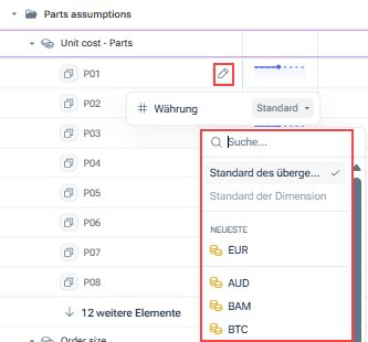 Zeigt das Währungsmenü eines Dimensionselements in einer Variablen eines Modells an. Hervorgehoben ist das Dropdown-Menü, das erscheint, wenn man auf das Stiftsymbol klickt.