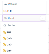 Zeigt das Währungs-Dropdown-Menü in der Währungsspalte eines Dimensionselements.