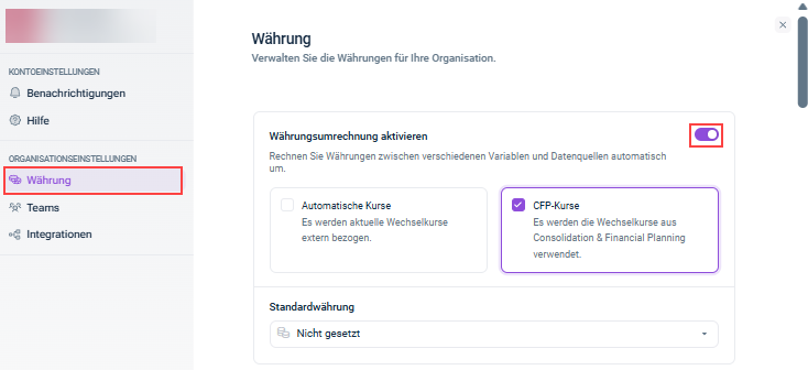 Zeigt die Währungseinstellungen im Arbeitsbereich „Einstellungen“ an. Hervorgehoben ist die Umschaltfläche zum Aktivieren der Währungsumrechnung