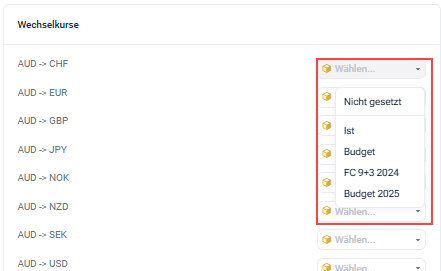 Zeigt den Abschnitt „Wechselkurse“ an, der sichtbar ist, wenn „CFP-Kurse“ gewählt wurde. Rot hervorgehoben ist das Dropdown-Menü zur Auswahl der CFP-Datenebene