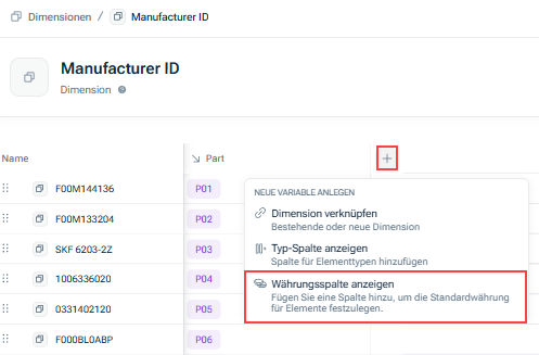 Zeigt das Menü an, das sich öffnet, wenn Sie auf das Pluszeichen in der Spaltenüberschrift der Dimensionsdetails klicken. Rot hervorgehoben ist die Option „Währungsspalten anzeigen“