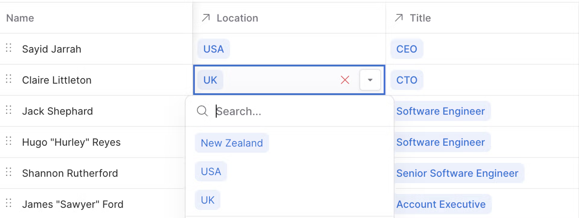 Zeigt die Dropdown-Liste zum Zuordnen von Dimensionen an, die angezeigt wird, wenn Sie in eine Spalte eines Dimensionselements klicken.