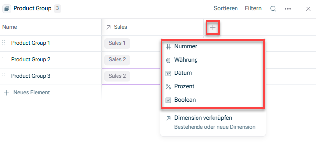Zeigt die Dimensionsdetails im unteren Bereich eines Spreadsheets an. Hervorgehoben sind das +-Symbol und das Menü zum Hinzufügen einer neuen Variablen.