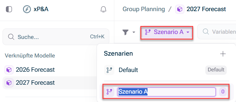 Zeigt die Schaltfläche + im Menü 'Szenarien', mit der ein neues Szenario erstellt werden kann
