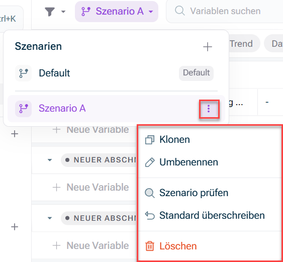 Zeigt weitere Funktionen an, die über das Dreipunktmenü hinter 'Mein Szenario' geöffnet werden können.