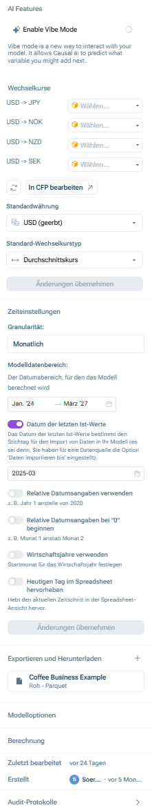 Zeigt die Optionen an, die im Abschnitt „Modelleinstellungen" bearbeitet werden können, wenn Sie auf das Zahnradsymbol in der oberen rechten Ecke klicken.