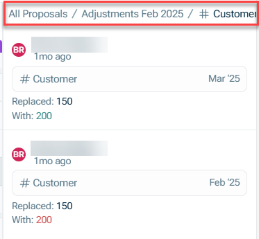 Shows the details of the proposal items for a variable. Highlighted is the breadcrumb menu to navigate back