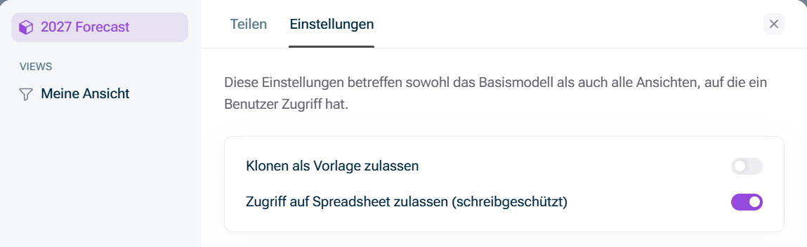 Der Reiter 'Einstellungen' des Dialogs 'Teilen' wird angezeigt.