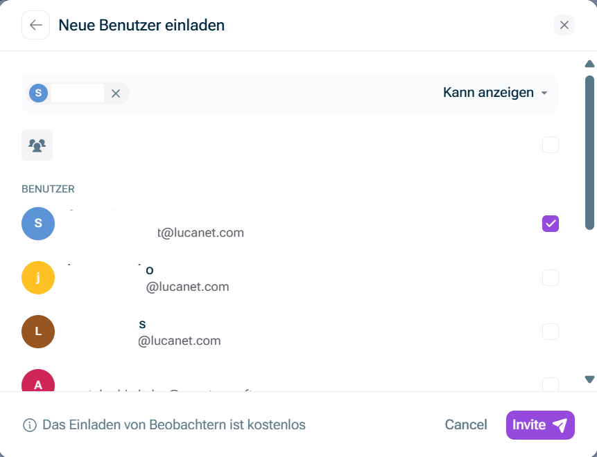 Der Dialog 'Neue Benutzer einladen' wird angezeigt.