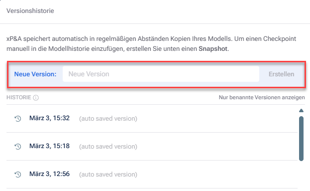 Zeigt die Felder in der Versionshistorie an, die zum Erstellen einer neuen Version verwendet werden sollen.