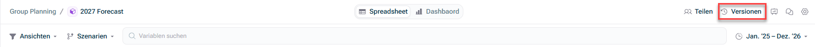 Zeigt die Schaltfläche 'Versionen' in der Spreadsheet-Ansicht eines Modells an.