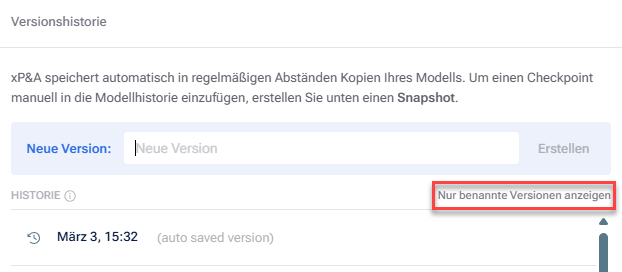 Zeigt die Versionshistorie eines Modells an. Hervorgehoben ist die Schaltfläche zum Wechseln zwischen allen Versionen und nur benannten Versionen.
