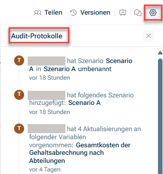 Zeigt das Audit-Protokoll an, das über die Modelleinstellungen geöffnet wird