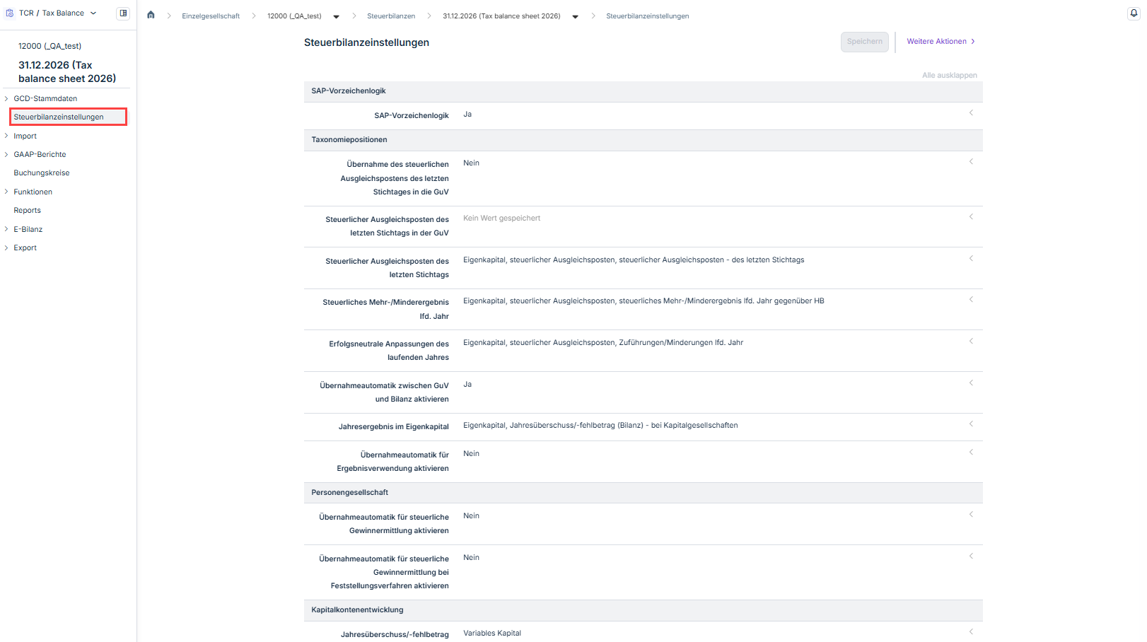 Zeigt den Arbeitsbereich 'Steuerbilanzeinstellungen' in Tax Balance für die Steuerbilanz '31.12.2026 (Tax balance sheet 2026)' der Gesellschaft '12000 (_QA_test)' mit den Abschnitten 'SAP-Vorzeichenlogik', 'Taxonomiepositionen', 'Personengesellschaft' und 'Kapitalkontenentwicklung', z. B. mit den Optionen 'SAP-Vorzeichenlogik' ('Ja'), 'Übernahme des steuerlichen Ausgleichspostens des letzten Stichtages in die GuV' ('Nein'), 'Steuerlicher Ausgleichsposten des letzten Stichtags in der GuV' ('Kein Wert gespeichert') und 'Übernahmeautomatik zwischen GuV und Bilanz aktivieren' ('Ja'), sowie der Schaltfläche 'Speichern' und dem Menü 'Weitere Aktionen'. Rot hervorgehoben ist der Eintrag 'Steuerbilanzeinstellungen' in der Strukturansicht.