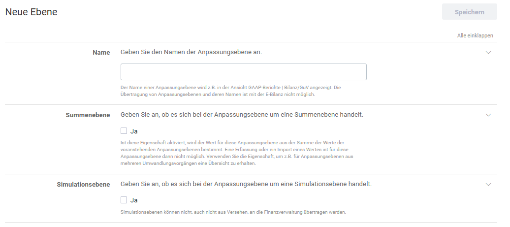 Zeigt den Dialog 'Neue Ebene' in Tax Balance mit den Feldern 'Name', 'Summenebene' und 'Simulationsebene', je einem Kontrollkästchen 'Ja' für 'Summenebene' und 'Simulationsebene' und der Schaltfläche 'Speichern'.