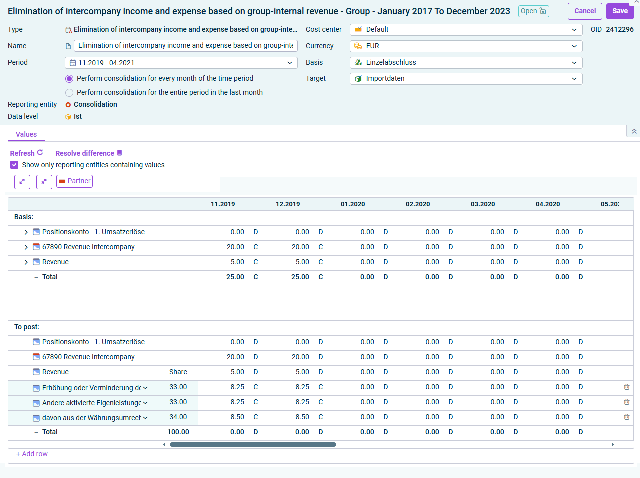 Wizard for elimination of intercompany income and expense based on group-internal revenue