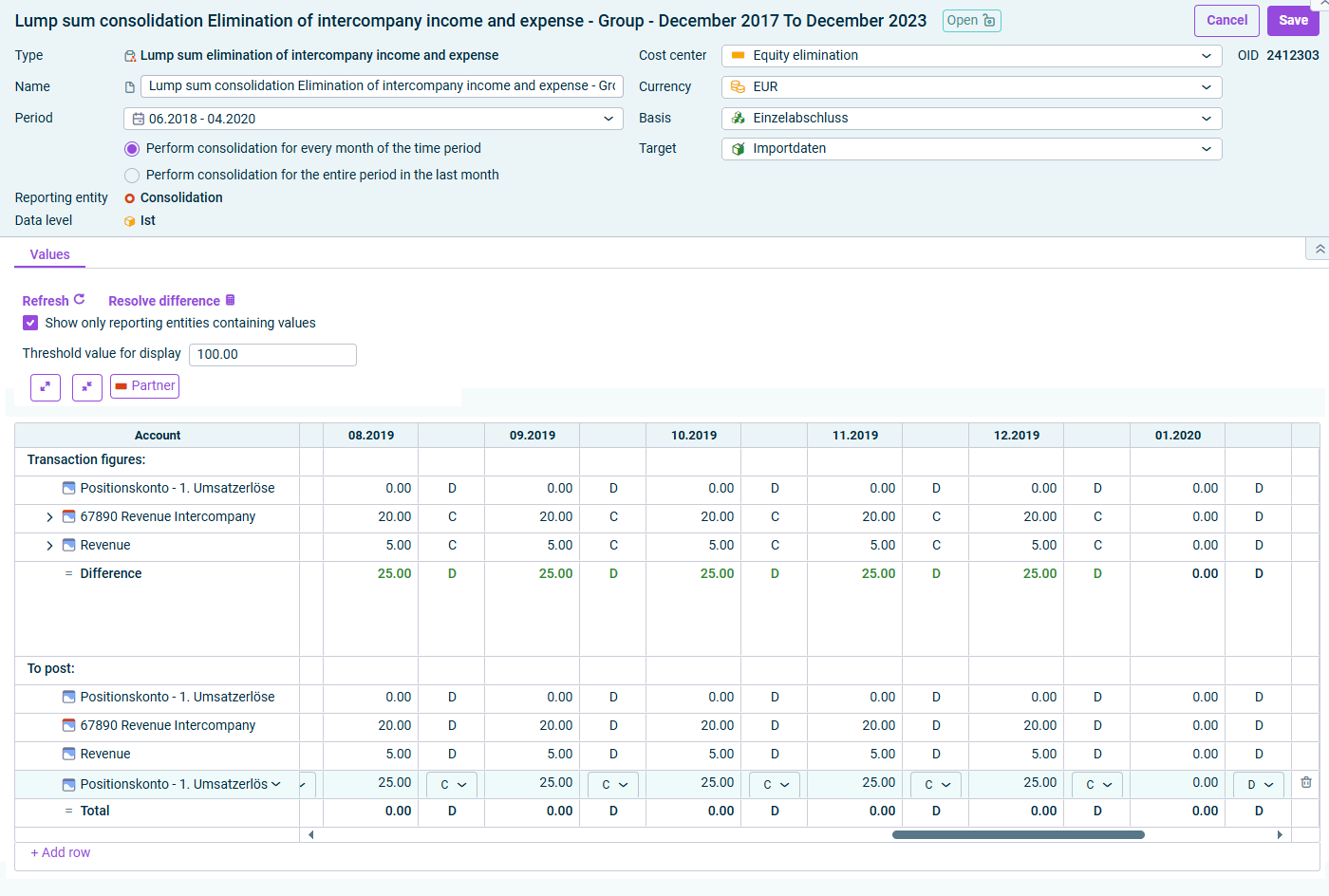 Wizard for lump sum elimination of intercompany income and expense